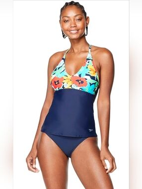 Speedo Women's Swimsuit Top Tankini V-Neck Halter Ibiza Blue New Large Floral